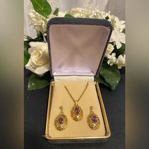 Vintage Genuine Amethyst Set - Pendant w/18” Gold Chain & Earrings; NOS; Giftbox